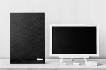 Wooden plank table for graphic stand product, interior design or montage display your product with blank texture blackboard with chalk for background. education concept.