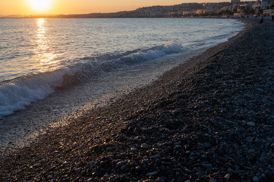 Sunset Over Nice Beach In Winter On The French Riviera