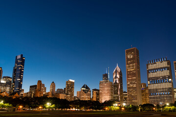 Fototapeta na wymiar Chicago skyline panorama from Park at night time. Chicago, Illinois, USA. Skyscrapers of financial district, a vibrant business neighborhood.