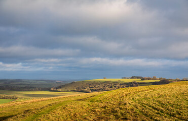 Wide expansive views from Chiselbury ring hillfort on Fovant Down Cranbourne Chase west Wiltshire south west England