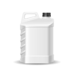 White plastic canister with blank label, realistic mockup. Jug container with handle and screw cap