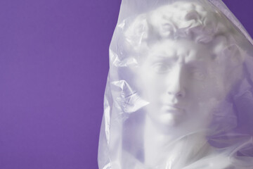 head of david in a transparent plastic bag on a purple background copy space