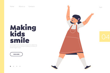 Making kids smile concept of landing page with funny girl kid cheerful jumping up