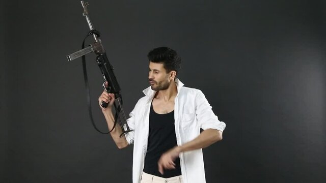 The fighter with vintage submachine gun