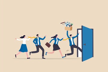 Great resignation, employee resign, quit or leaving company, people management or human resources problem concept, business people employee resign and walk through exit door. - obrazy, fototapety, plakaty
