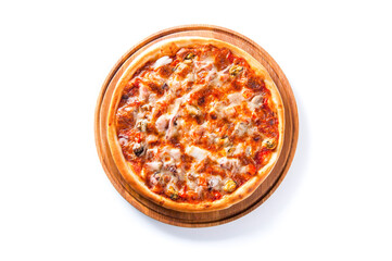 meat pizza lies on a wooden round board on a white background
