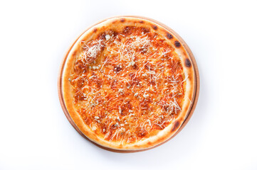 meat pizza lies on a wooden round board on a white background