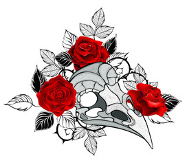 Bird skull with red roses