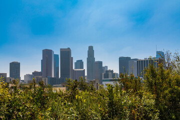 Obraz premium Skyline of Los Angeles downtown at summer day time, California, USA. Skyscrapers of panoramic city center of LA.