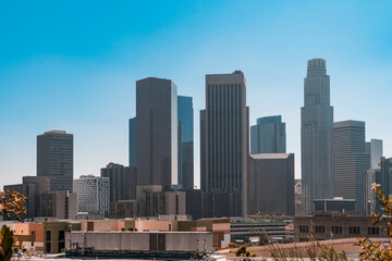 Fototapeta na wymiar Skyline of Los Angeles downtown at summer day time, California, USA. Skyscrapers of panoramic city center of LA.