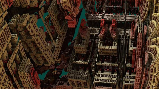 Walk through a surreal city of floating houses with corners and arches, 3D computer graphics