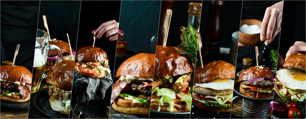 Burger banner. Burgers with meat, cutlets and cheese. Street food concept.