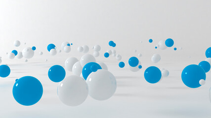 3d abstract illustration, assorted white blue pastel balls spheres particles floating