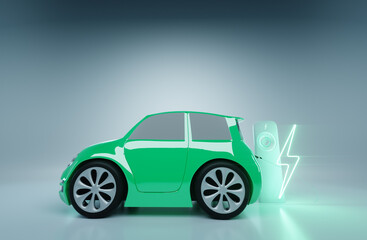 Plakat Electric car at the charging station. Electric motor concept, electric car, charging station, green technologies, future. Copy space, 3D render, 3D illustration.