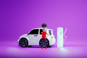Electric car at charging station with cartoon young man, thumbs up. Electric motor concept, electric car, charging station, green technologies, future. Copy space, 3D render, 3D illustration.