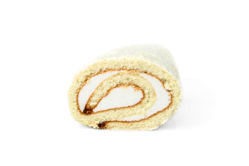 Coconut sponge cake roll biscuit isolated on white background.