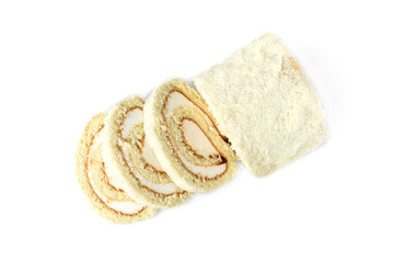 Coconut sponge cake roll biscuit isolated on white background.