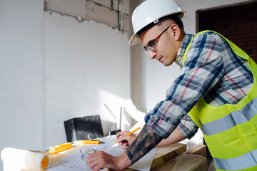 Side view construction engineer drawing on a blueprint on an improvised table