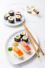 Assortment of vegan sushi with vegetables, seitan, Konjac plant, tofu as fish substitudes