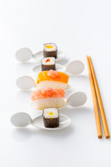 Assortment of vegan sushi with vegetables, seitan, Konjac plant, tofu as fish substitudes