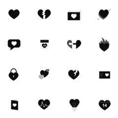 Set of 16 icons related to hearts and love and valentines day