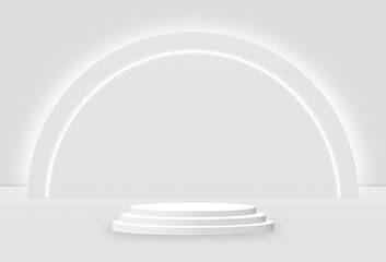 Abstract 3D rendering White cylinder podium studio with a light on the wall. Geometric shape object illustration for banner, poster, and wallpaper. Display for product. copy space.