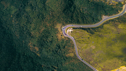 Aerial view of a curvy road on a mountain in cherrapunji, Meghalaya, India