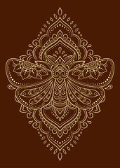 Moth decorated with Indian ethnic floral vintage pattern. Hand drawn decorative insect in doodle style. Stylized mehndi ornament for tattoo, print, design for room, cover, book and coloring page.
