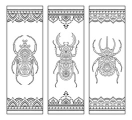 Bookmark for book - coloring. Set of black and white labels with floral and bug doodle patterns, hand draw in mehndi style. Sketch of ornaments for creativity of children and adults with colored pen.
