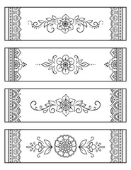 Bookmark for book - coloring. Set of black and white labels with floral doodle patterns, hand draw in mehndi style. Sketch of ornaments for creativity of children and adults with colored pencils.