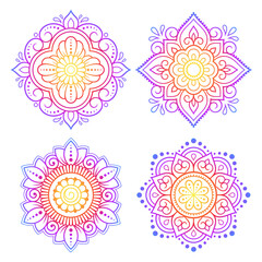 Set of circular pattern in form of mandala with flower for Henna, Mehndi, decoration. Decorative ornament in ethnic oriental style. Rainbow design on white background. Vector illustration.