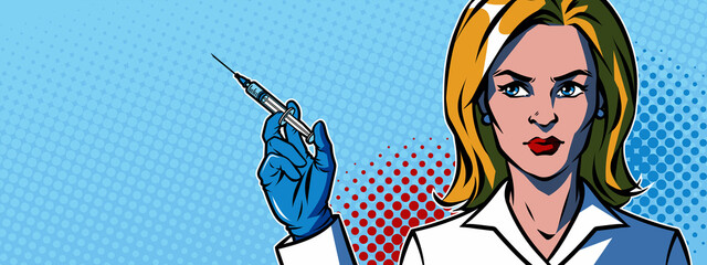 Doctor with an injection syringe. Vaccination concept. Pop art comic retro vector illustration.
