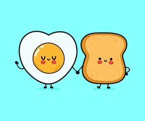 Cute, funny happy toast and fried eggs. Vector hand drawn cartoon kawaii characters, illustration icon. Funny cartoon toast and fried eggs mascot character concept