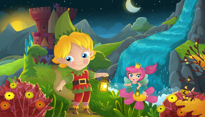 Fototapeta premium cartoon scene forest princess and elf prince and castle