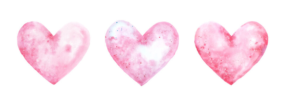 Hand-painted watercolor pink hearts set