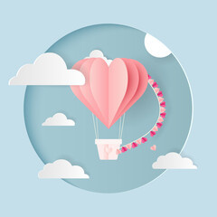 Valentines day, Illustration of love, pink heart balloons flying in the blue sky, paper art style. Vector
