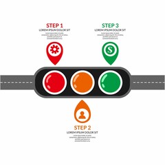 Infographic traffic light wth road background in Cartoon with symbol in yellow, red, and green color. stop, warning, and go sign, perfect for Illustration Vector Graphic presentation, campaign