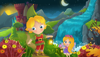 cartoon scene forest princess and elf prince and castle