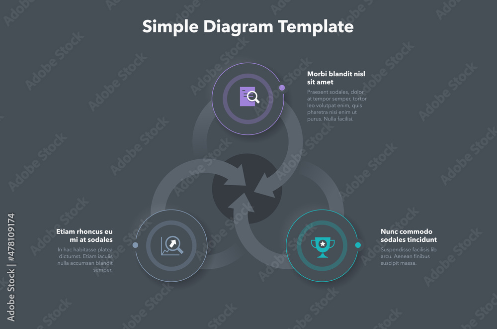 Poster Simple business diagram with three steps - dark version. Easy to use for your design or presentation.