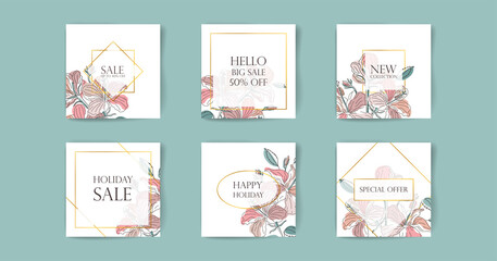 Set of six discount card templates using floral background. The flowers used in the design are tropical gumamela and hibiscus. Each square template has its own unique gold-colored border.