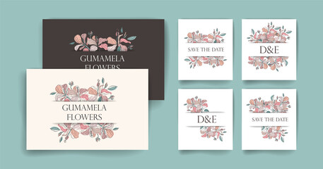 Fototapeta na wymiar A set of six invitation templates with a place for text in the center. Two of them are rectangle and four are square, all templates are made in a boho style. Used flowers of hibiscus and gumamela. 