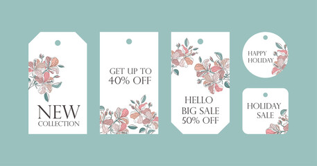Fototapeta na wymiar Set of five different tags with floral background. the design used hibiscus and gumamela flowers made in a line art style. Design for discount cards and sales.
