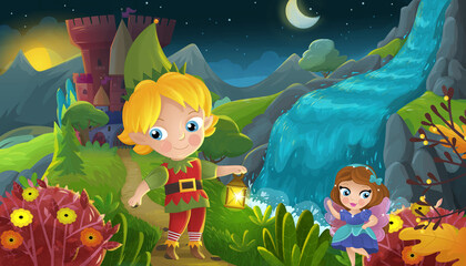 cartoon scene forest princess and elf prince and castle