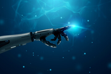 Obraz premium Android robot hand on blue futuristic background. Future Concept, Sci-fi Background, Artificial Intelligence, Automation, Modern Style. 3D rendering, 3D illustration.