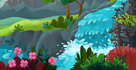 Fototapeta na wymiar cartoon scene with fairy tale nature forest illustration