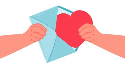 Hands with heart. Hand takes out or inserts hearts in envelope. Romantic love letter, valentines day postcard. Support or charity vector metaphor