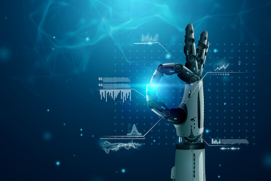 Android robot hand on blue futuristic background. Future Concept, Sci-fi Background, Artificial Intelligence, Automation, Modern Style. 3D rendering, 3D illustration.
