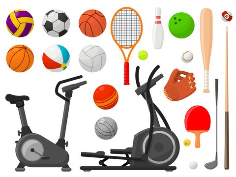 Cartoon sport equipment. Ball collection, flat balls and racket, golf accessories. Gym elements, sporting and outdoor activity recent vector objects