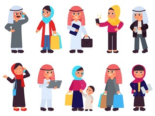 Muslim characters. Saudi women, casual arabian traditional people. Isolated cute arab man, islamic girls in hijab. Businesswoman decent vector set