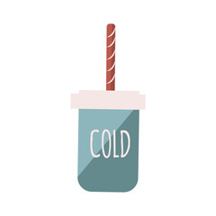 Soda or juice in disposable cup with straw and text Cold, simple flat vector illustration
